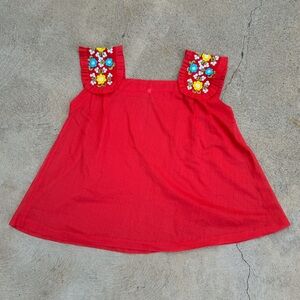 70s Floral Embroidered Red Sleeveless Blouse